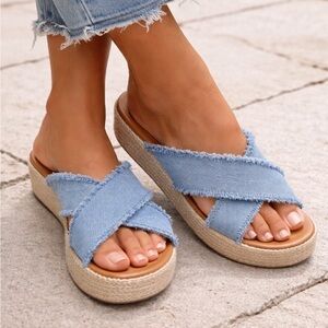Women's Light Blue Denim Cross-Strap Platform Sandals